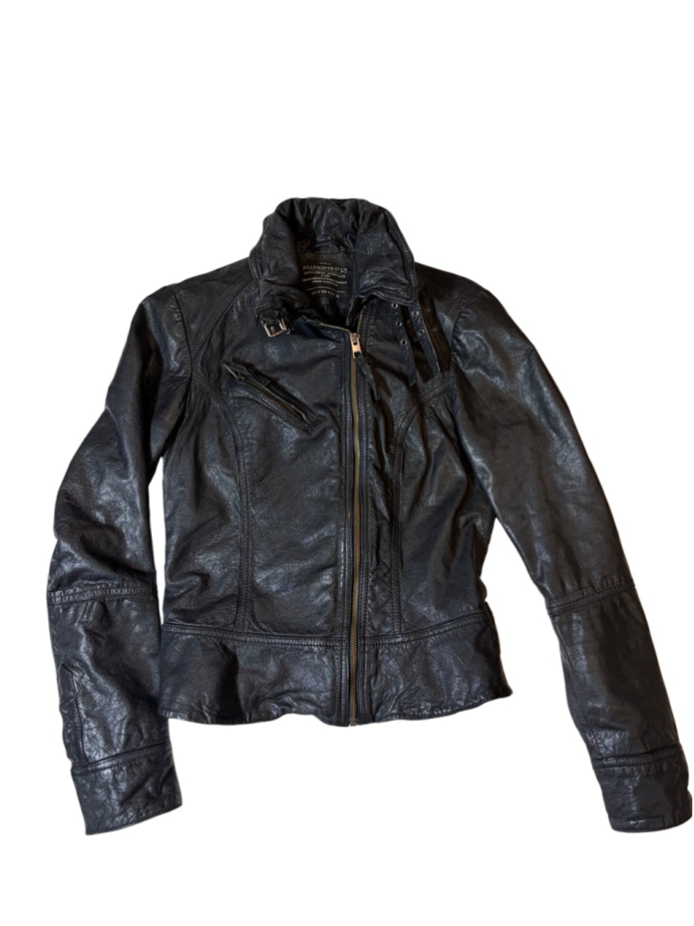 AllSaints Belvedere Black Leather Moto Jacket Asym Zip High Neck UK 8 US 4